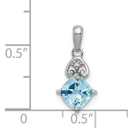 Sterling Silver Diamond And Light Swiss Blue Topaz Cushion Pendant