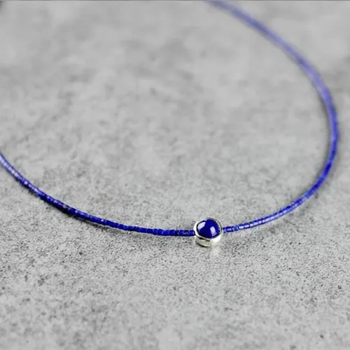 Sterling Silver Lapis Lazuli Bead Choker Necklace Handmade Jewelry Accessories Women