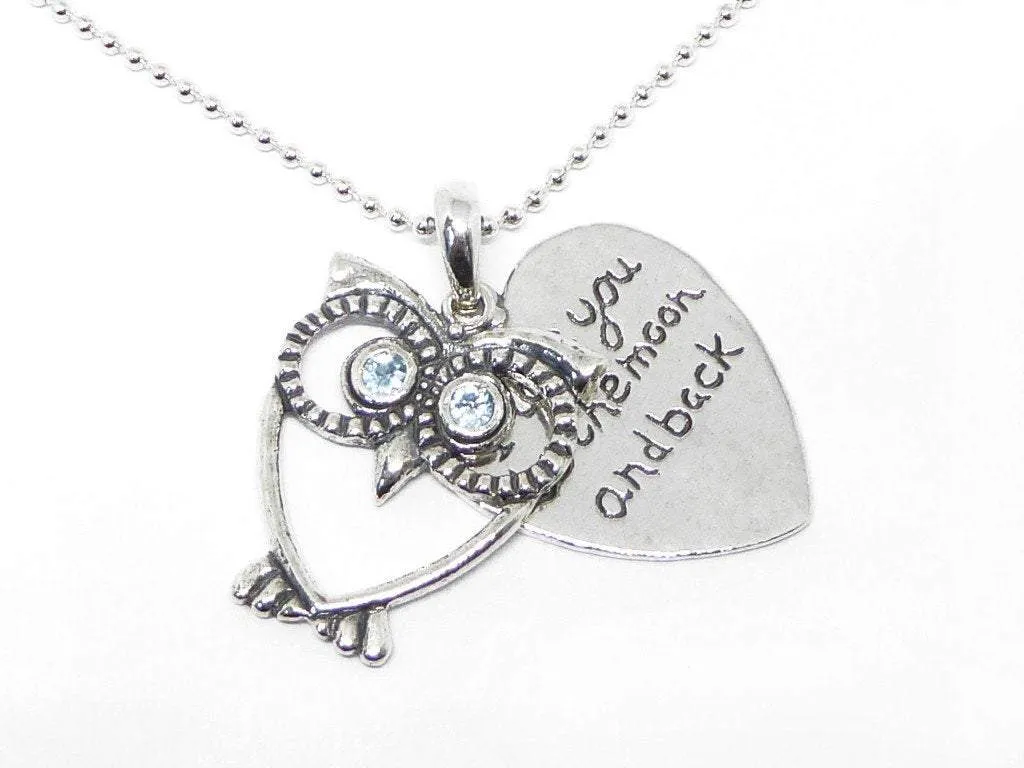 Sterling Silver necklace with an owl "love you to the moon and back"  women's necklace Israeli jewelry blue topaz