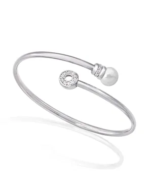 Sterling Silver Rhodium Plated Bangle Bracelet for Women with Organic Pearl, 8mm Round White Pearl and Cubic Zirconia, 46x58mm Length, Alina Collection