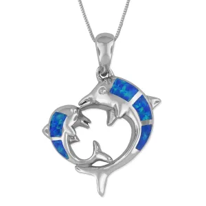 Sterling Silver Synthetic Blue Opal Mother Child Dolphin Pendant Necklace, 16 2" Extender