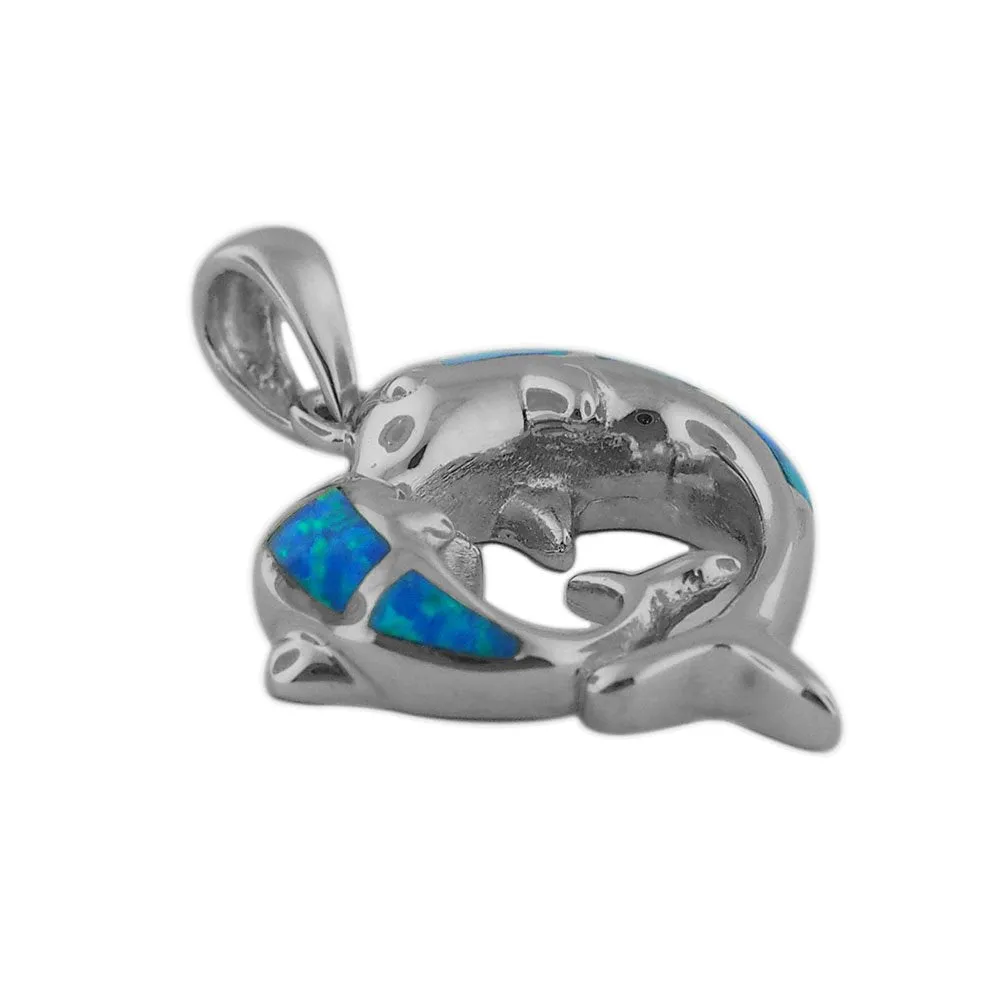 Sterling Silver Synthetic Blue Opal Mother Child Dolphin Pendant Necklace, 16 2" Extender