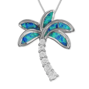 Sterling Silver Synthetic Blue Opal Palm Tree Pendant Necklace, 16 2" Extender