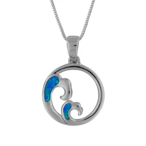 Sterling Silver Synthetic Blue Opal Wave In Circle Pendant Necklace, 16 2" Extender