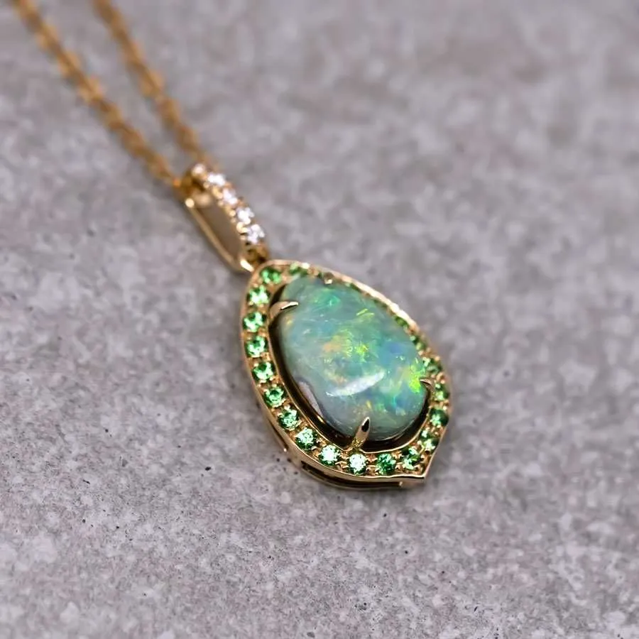 Stylish Australian Black Opal Diamond Tsavorite Pendant Necklace 18K Yellow Gold