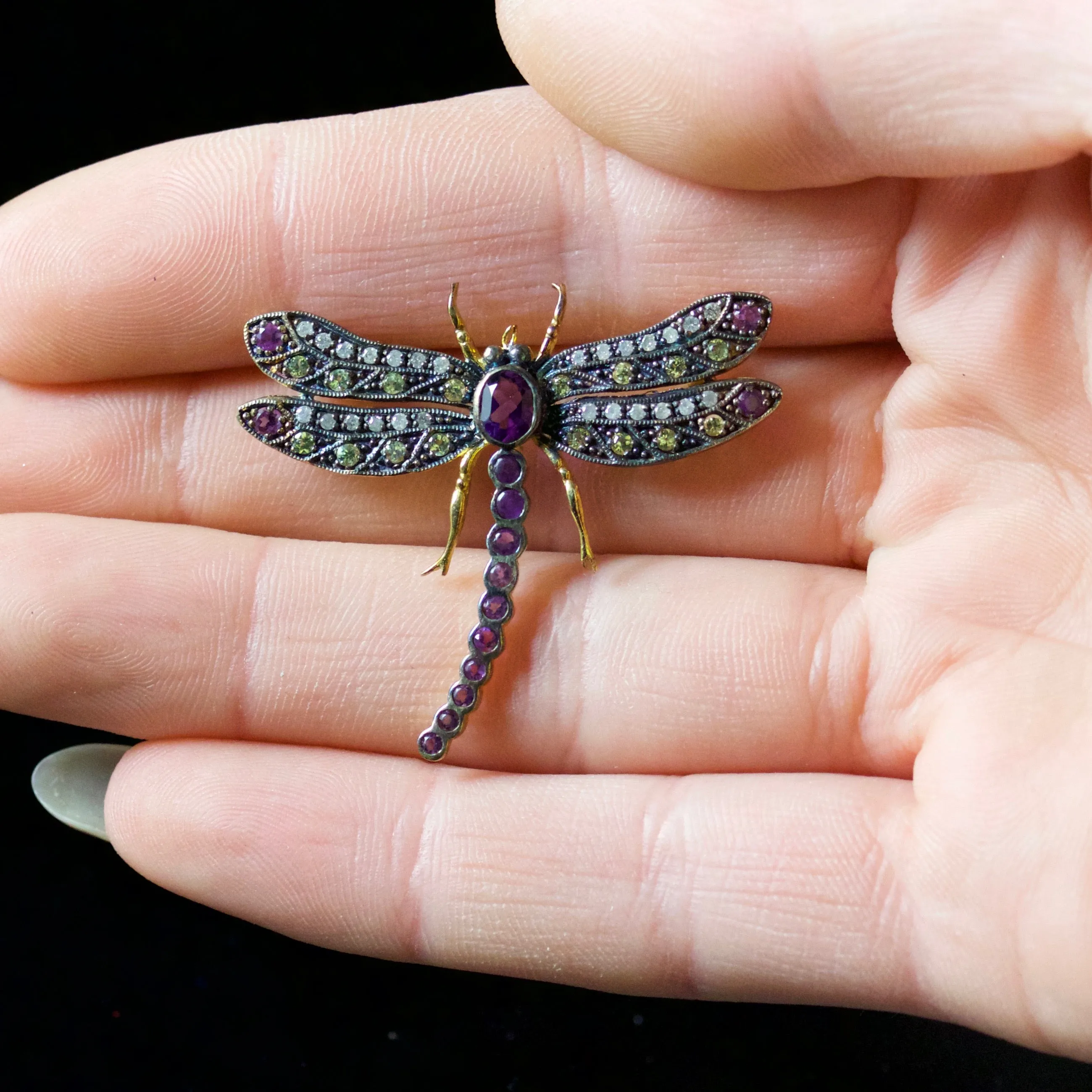 Suffragette Insect Brooch Amethyst Peridot Diamond 18Ct Silver