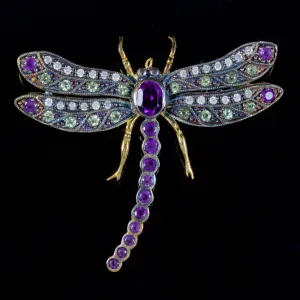 Suffragette Insect Brooch Amethyst Peridot Diamond 18Ct Silver