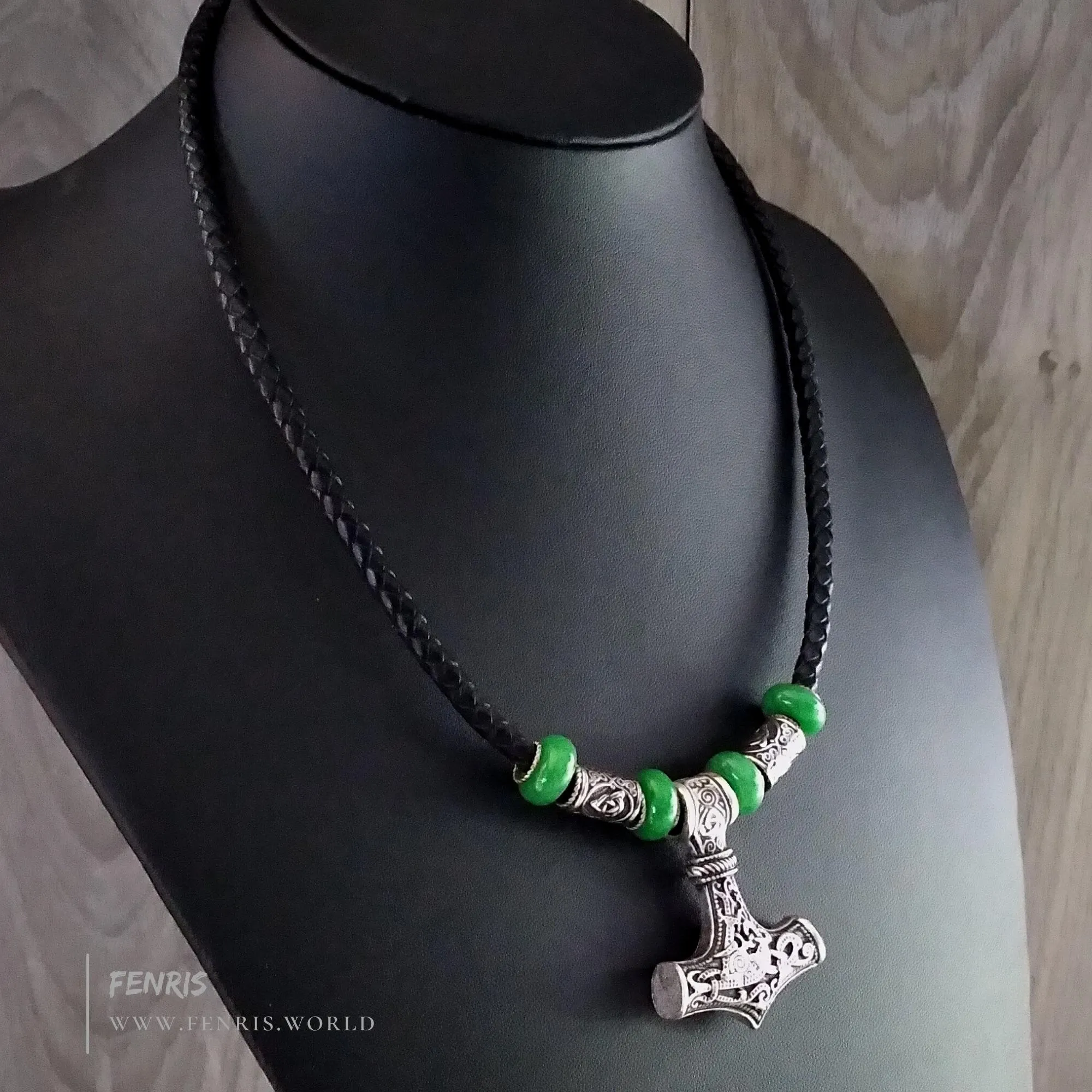 Thor's Hammer Jade Leather Choker Necklace Silver Beads | Fenris