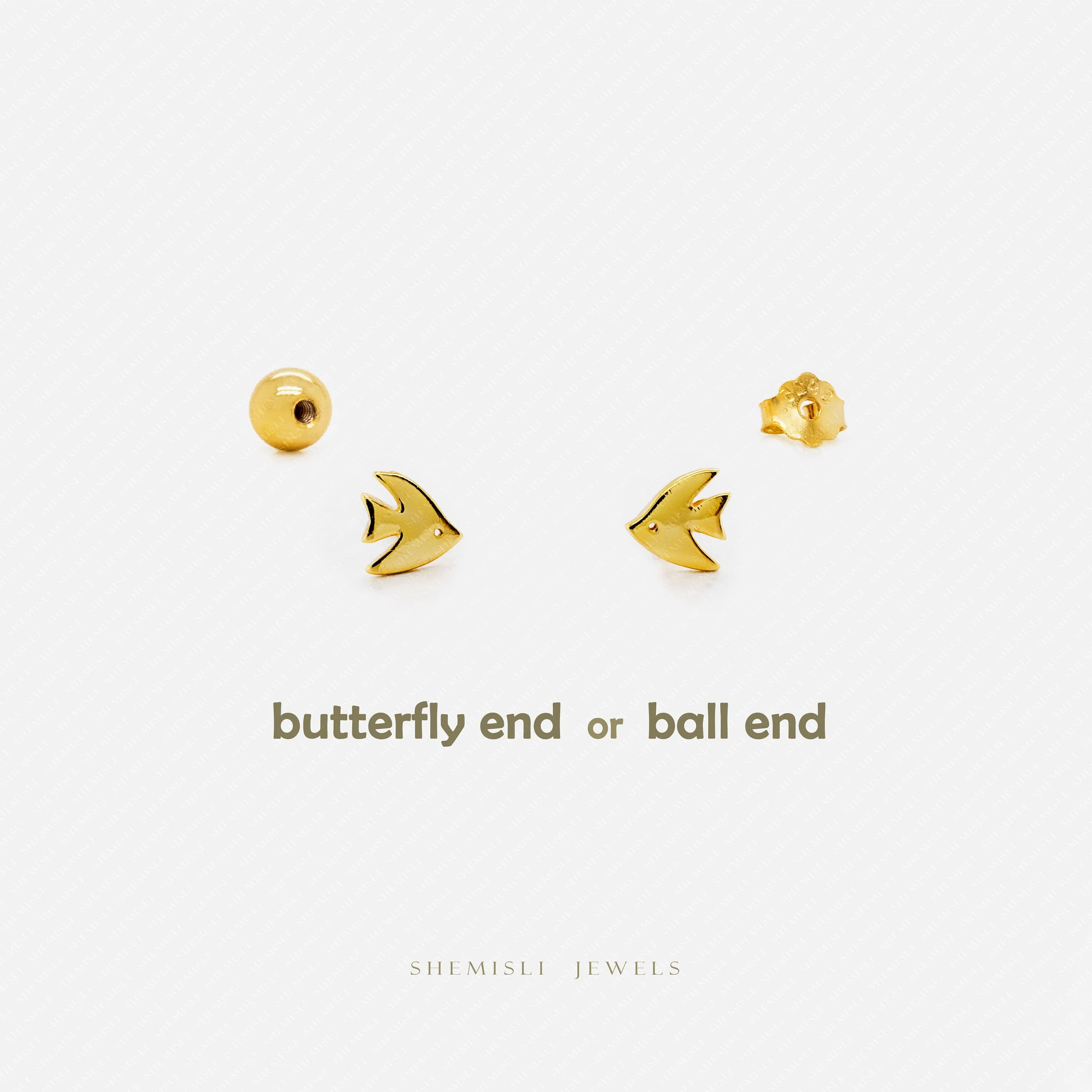 Tiny Angelfish Studs, Fish Earrings, Unisex, Gold, Silver SHEMISLI SS657 Butterfly End, SS658 Screw Ball End (Type A) LR