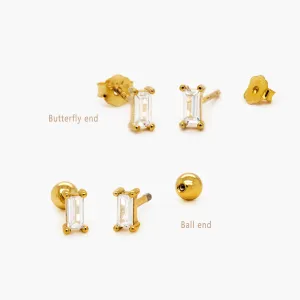 Tiny Baguette Stud Earrings, Unisex, Gold, Silver SHEMISLI SS143 Butterfly End, SS359  Screw Ball End (Type A)