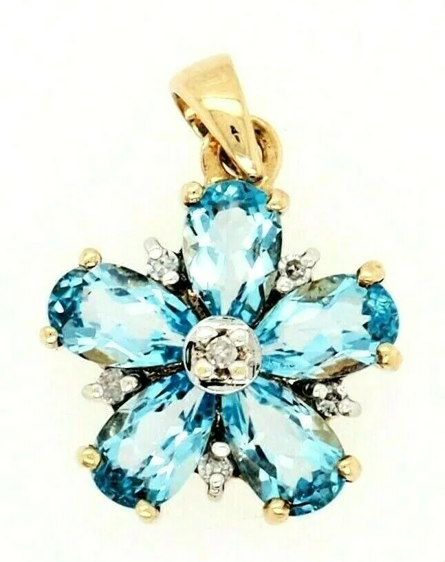 Topaz & Diamond Flower Pendant 9ct Yellow Gold Fine Jewellery Gemstone Necklace