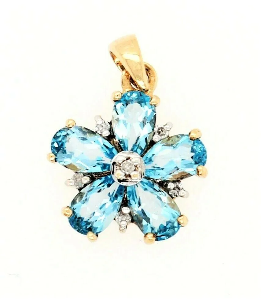 Topaz & Diamond Flower Pendant 9ct Yellow Gold Fine Jewellery Gemstone Necklace