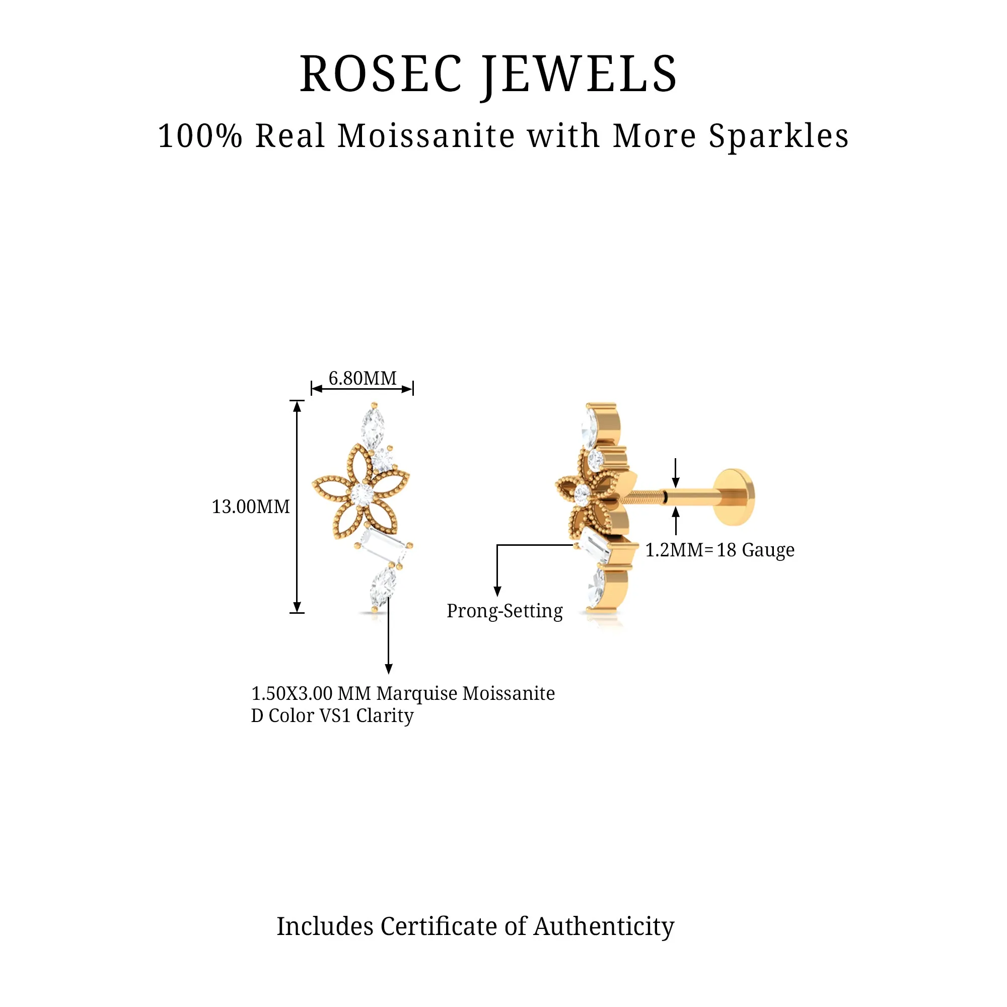 Unique Moissanite Flower Crawler Cartilage Earring