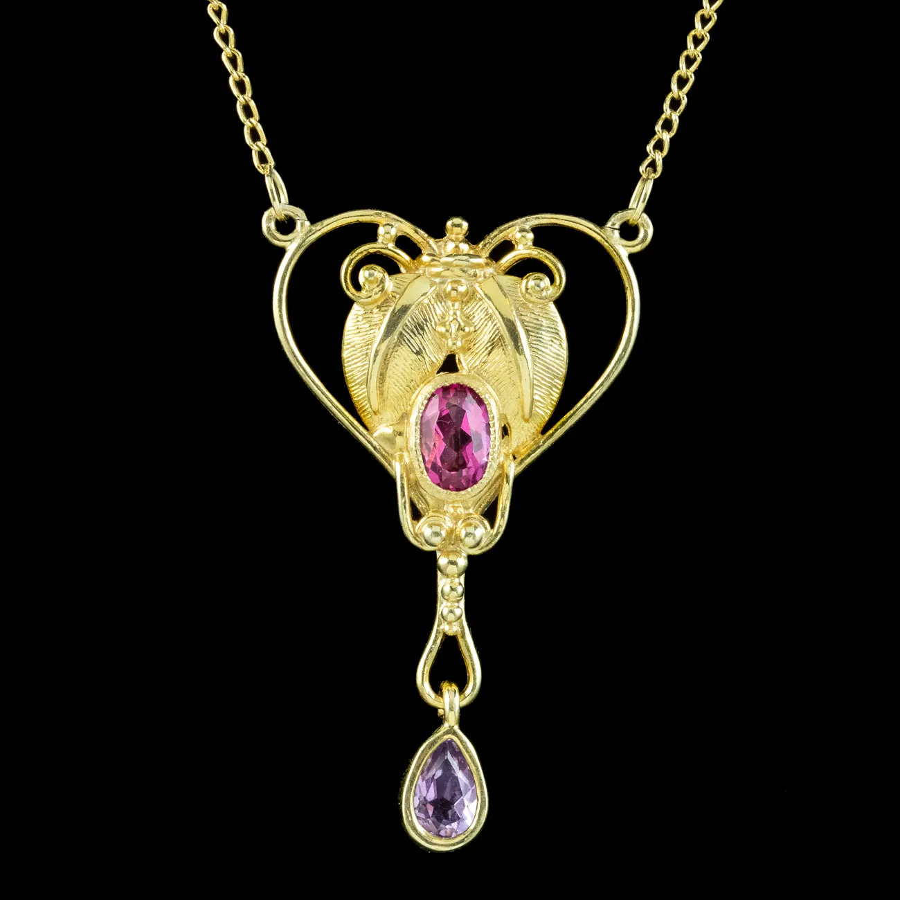 Victorian Style Pink Topaz Amethyst Lavaliere Pendant Necklace