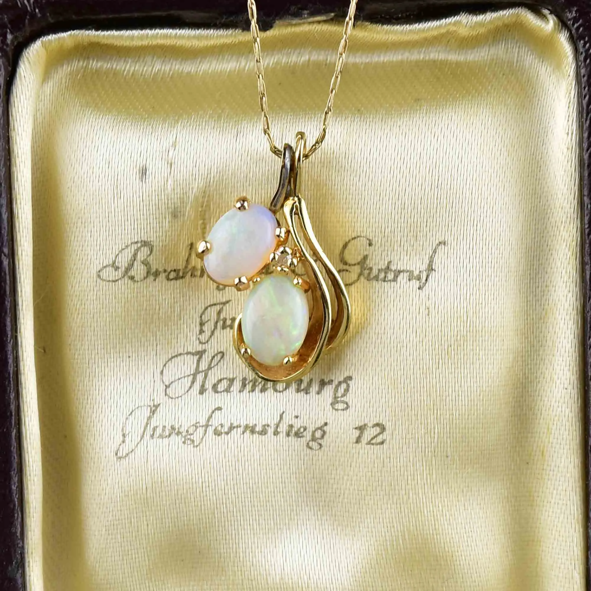 Vintage 14K Gold Diamond Double Opal Pendant Necklace