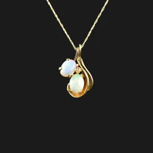 Vintage 14K Gold Diamond Double Opal Pendant Necklace