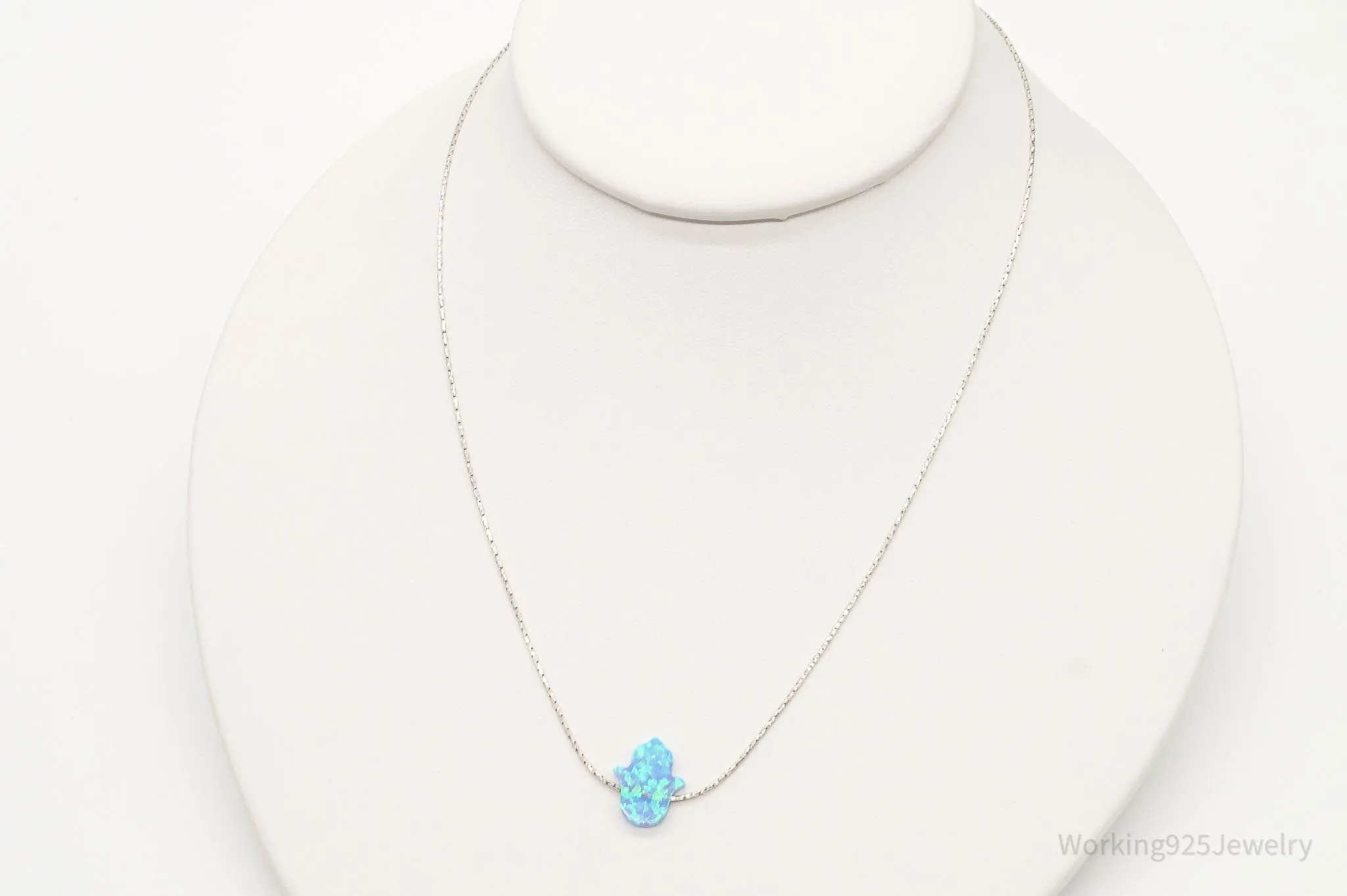 Vintage Blue Opal Hamsa Hand Sterling Silver Necklace