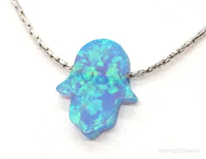 Vintage Blue Opal Hamsa Hand Sterling Silver Necklace