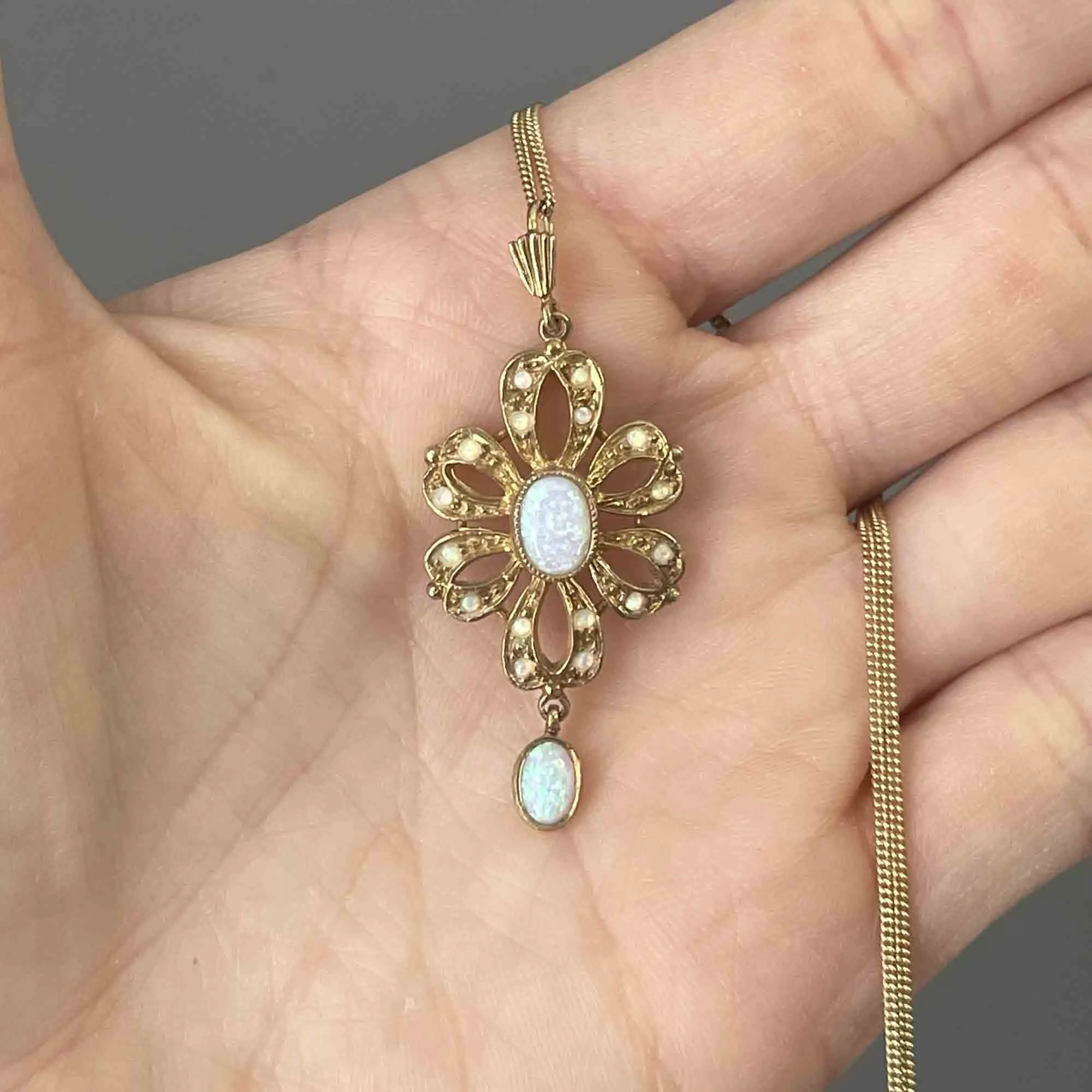 Vintage Edwardian Style Floral Opal Pendant Necklace