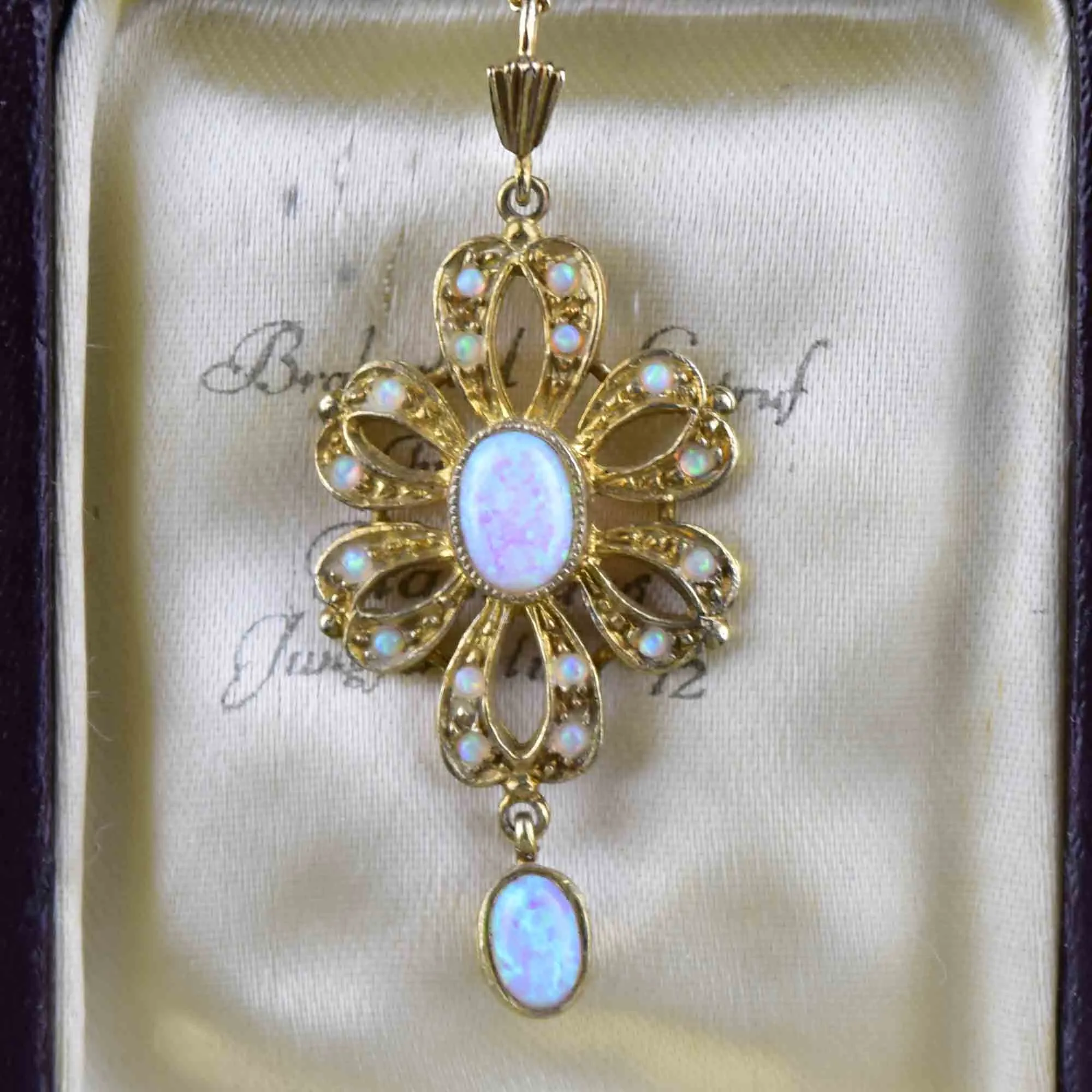 Vintage Edwardian Style Floral Opal Pendant Necklace