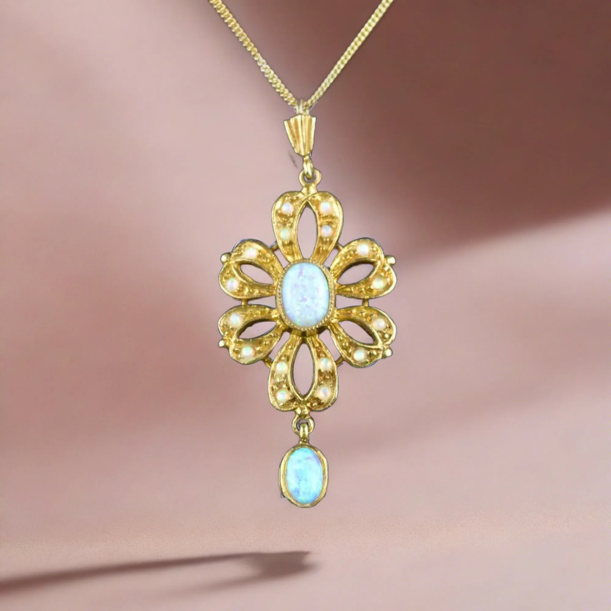 Vintage Edwardian Style Floral Opal Pendant Necklace