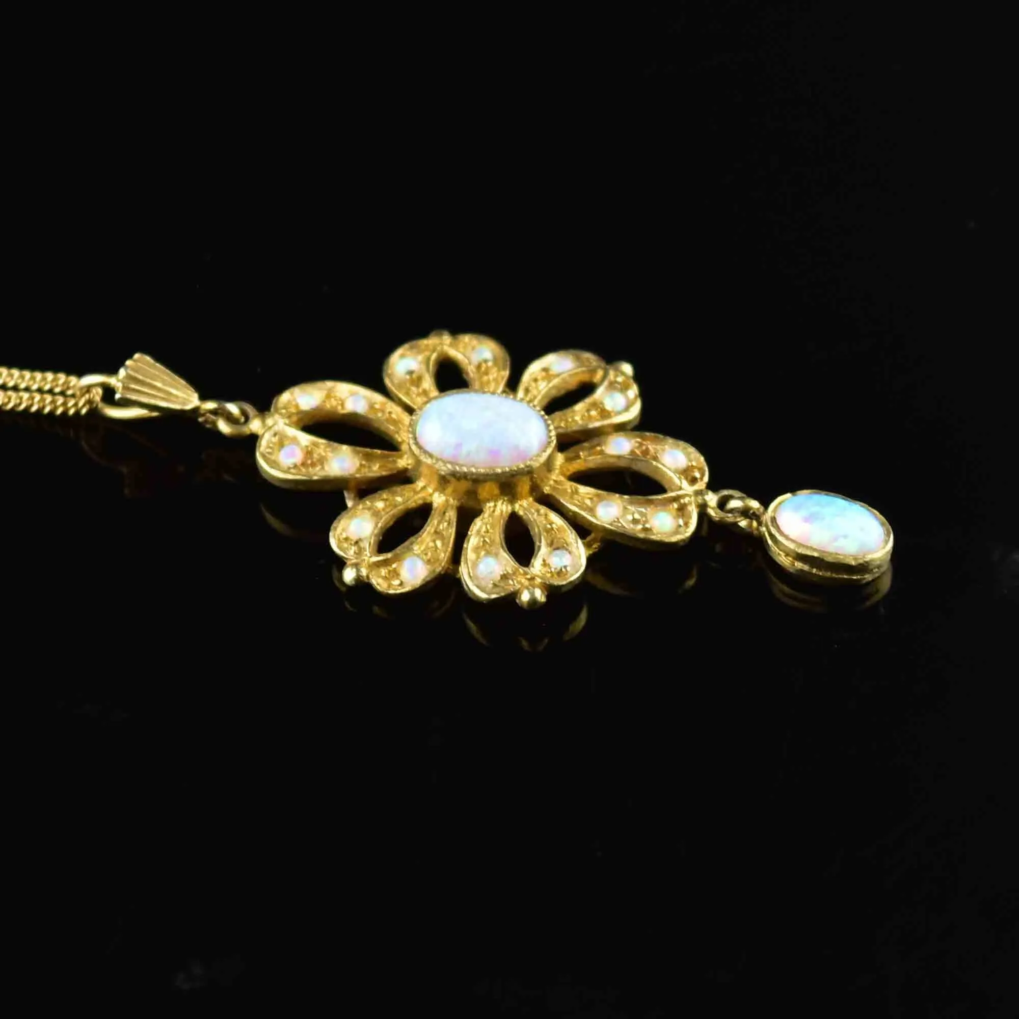 Vintage Edwardian Style Floral Opal Pendant Necklace