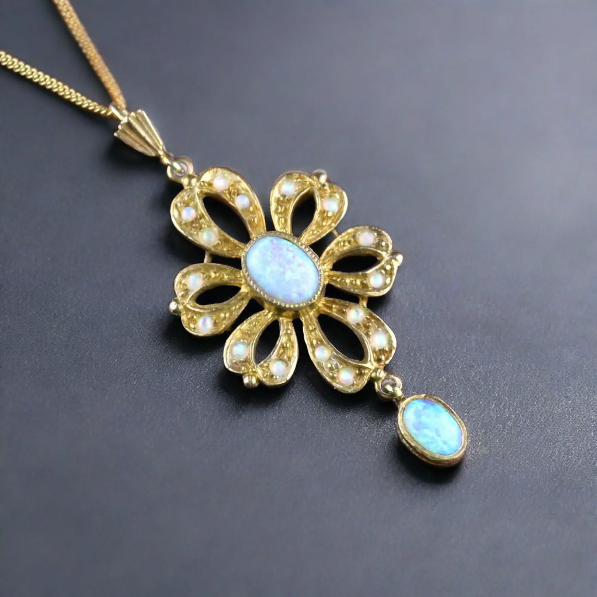 Vintage Edwardian Style Floral Opal Pendant Necklace