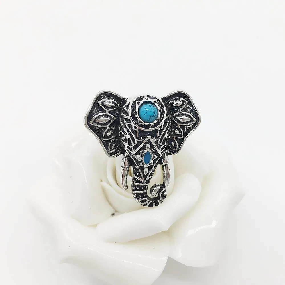 Vintage Elephant Head Alloy Finger Bohemian Lovely Blue Bead Ring