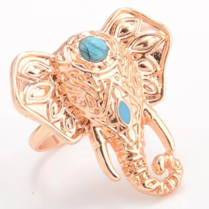 Vintage Elephant Head Alloy Finger Bohemian Lovely Blue Bead Ring