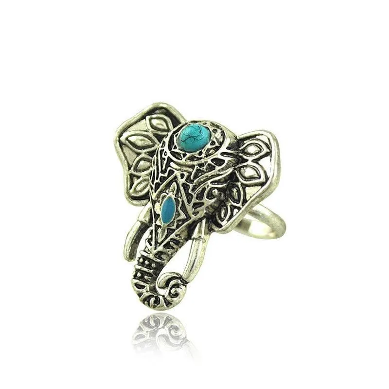 Vintage Elephant Head Alloy Finger Bohemian Lovely Blue Bead Ring