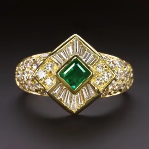 VINTAGE EMERALD DIAMOND COCKTAIL RING 18k YELLOW GOLD HANDMADE HALO NATURAL