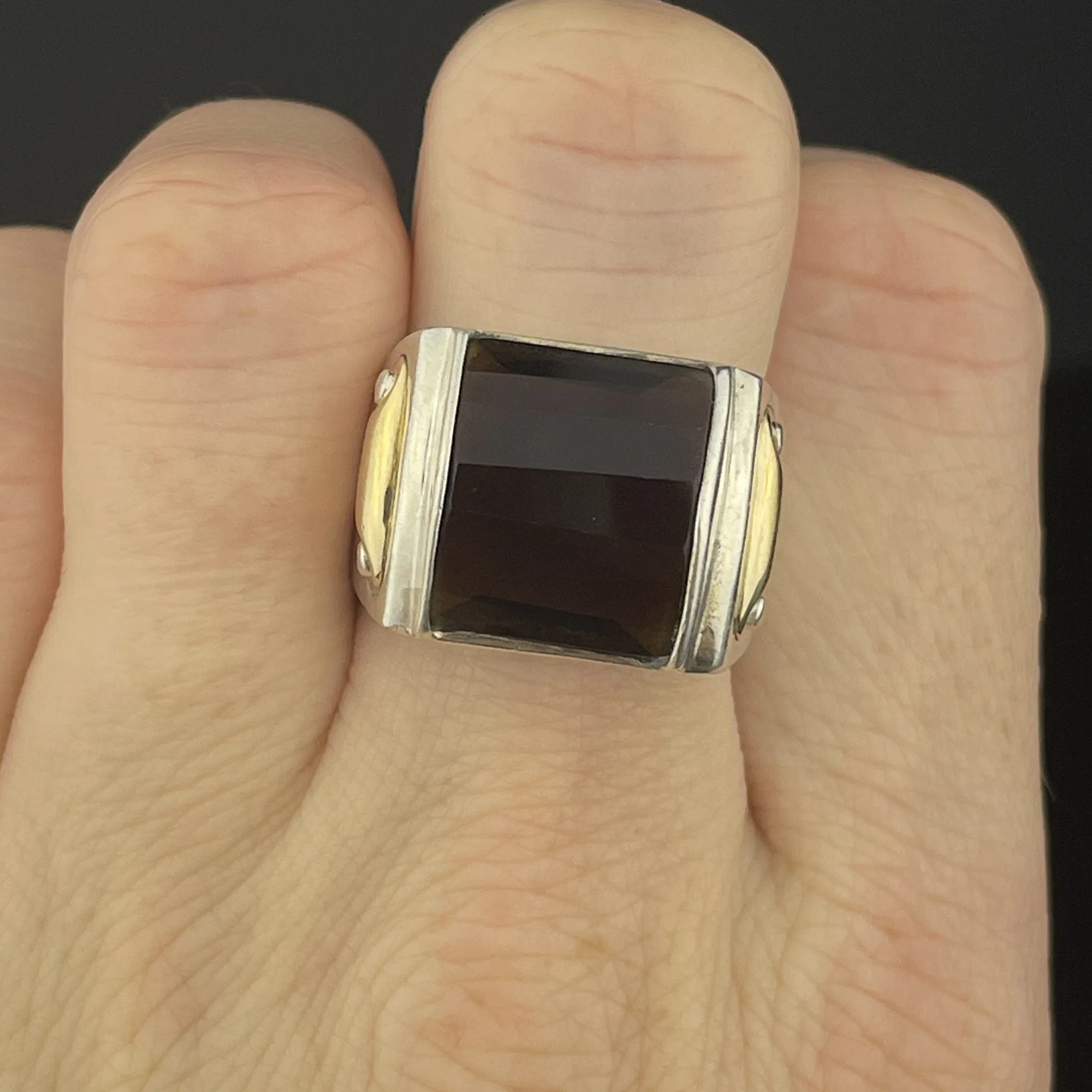 Vintage Silver 18K Gold Smoky Quartz Cocktail Ring, Sz 6 3/4