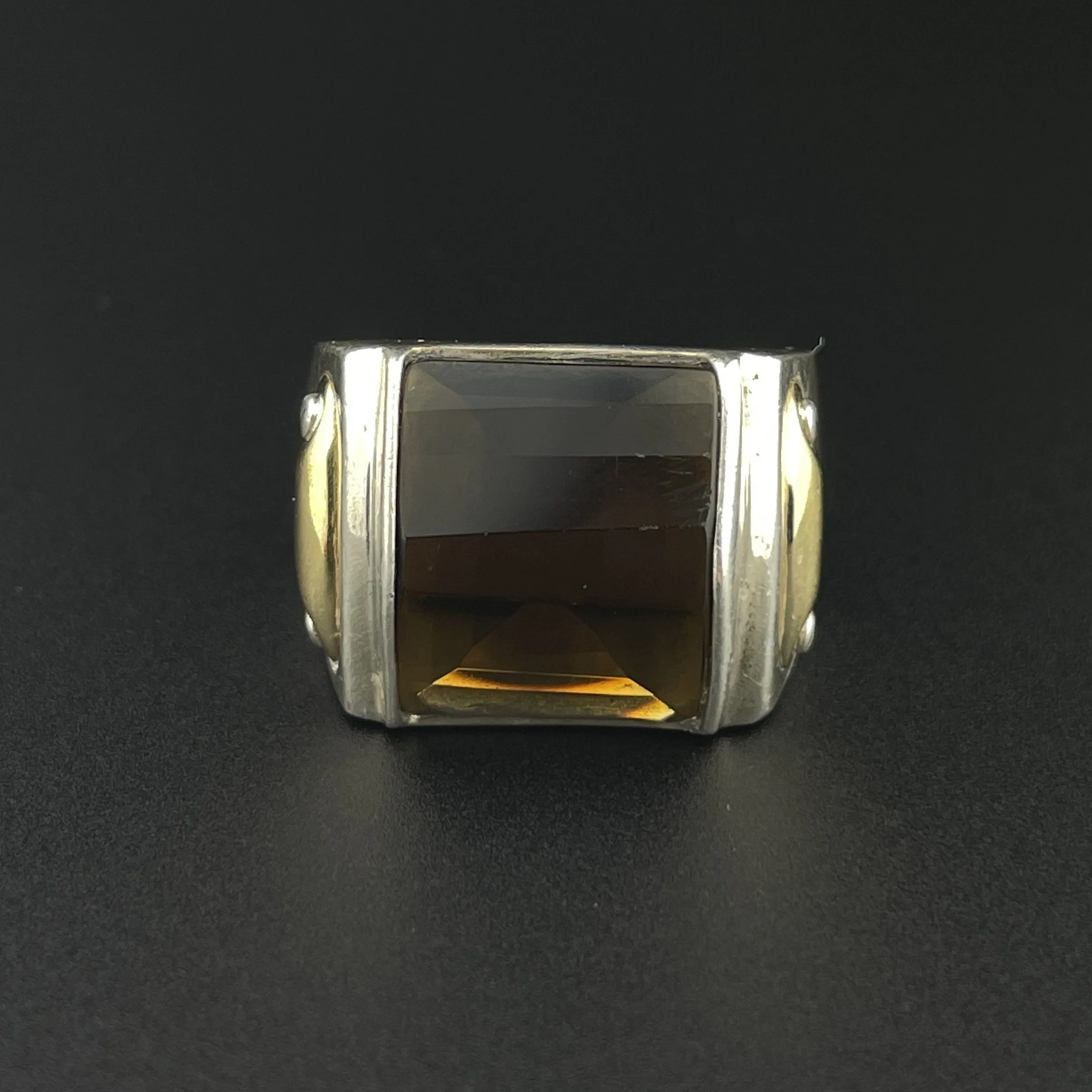 Vintage Silver 18K Gold Smoky Quartz Cocktail Ring, Sz 6 3/4