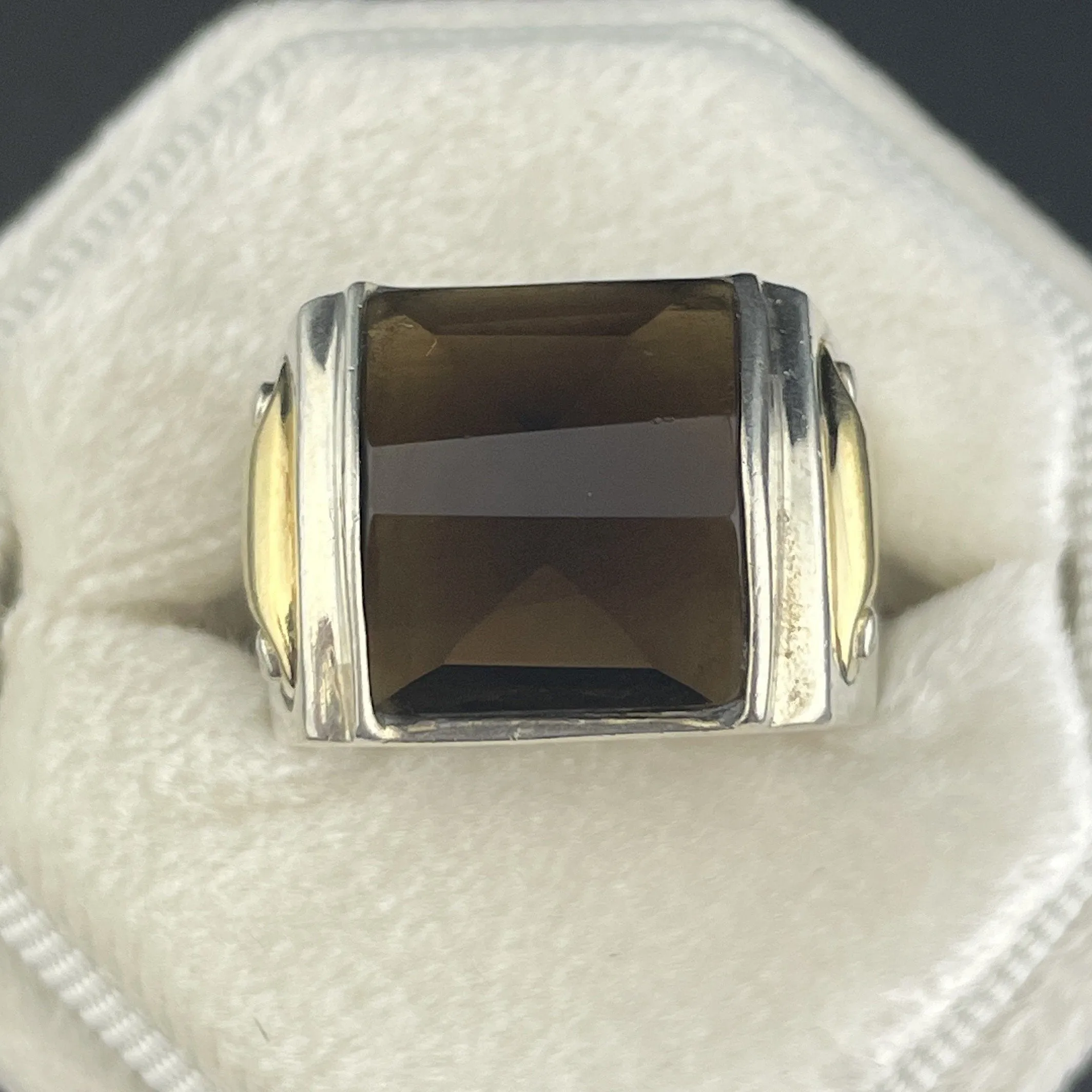 Vintage Silver 18K Gold Smoky Quartz Cocktail Ring, Sz 6 3/4