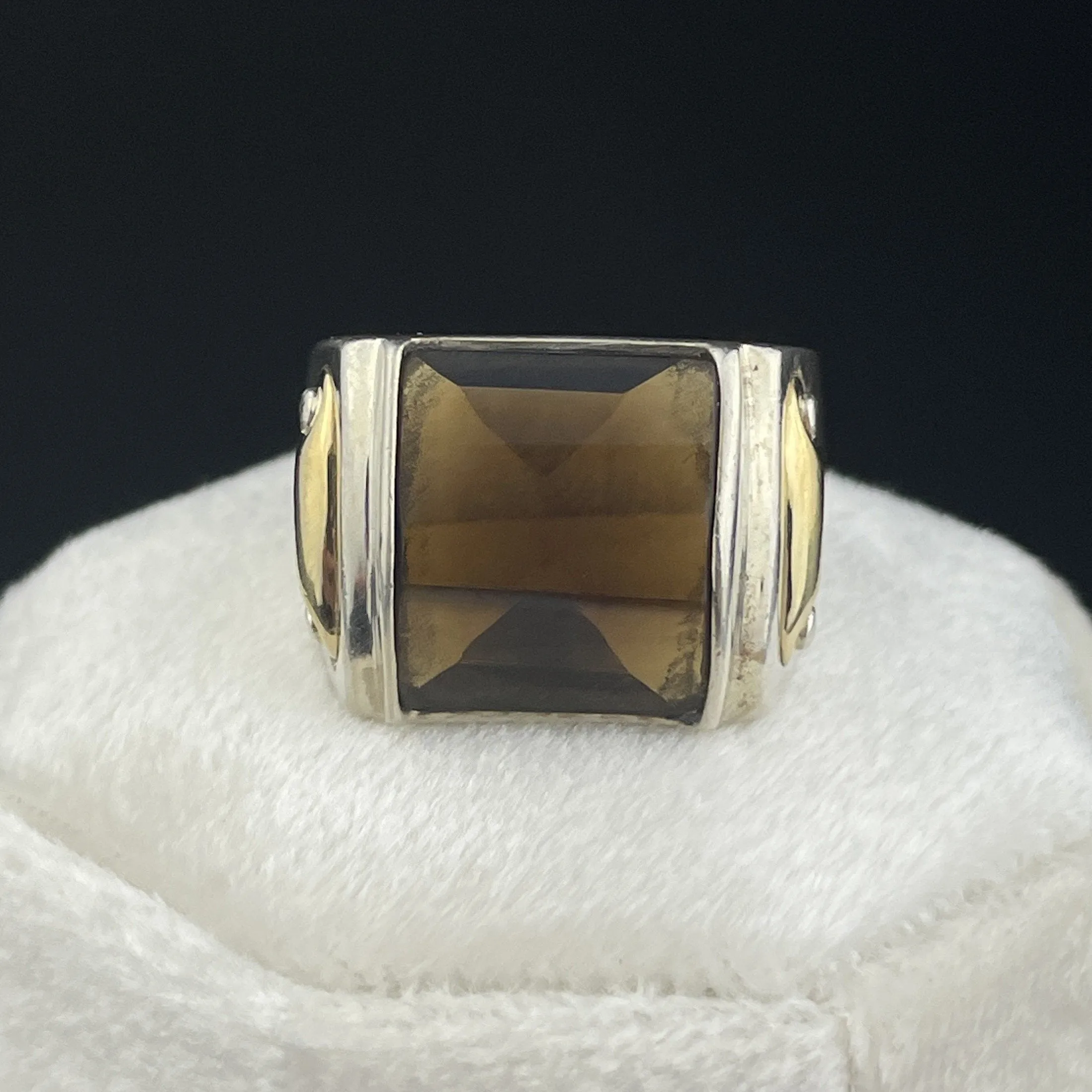 Vintage Silver 18K Gold Smoky Quartz Cocktail Ring, Sz 6 3/4