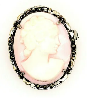 Vintage Sterling Silver Shell Cameo & Marcasite Brooch/Pendant