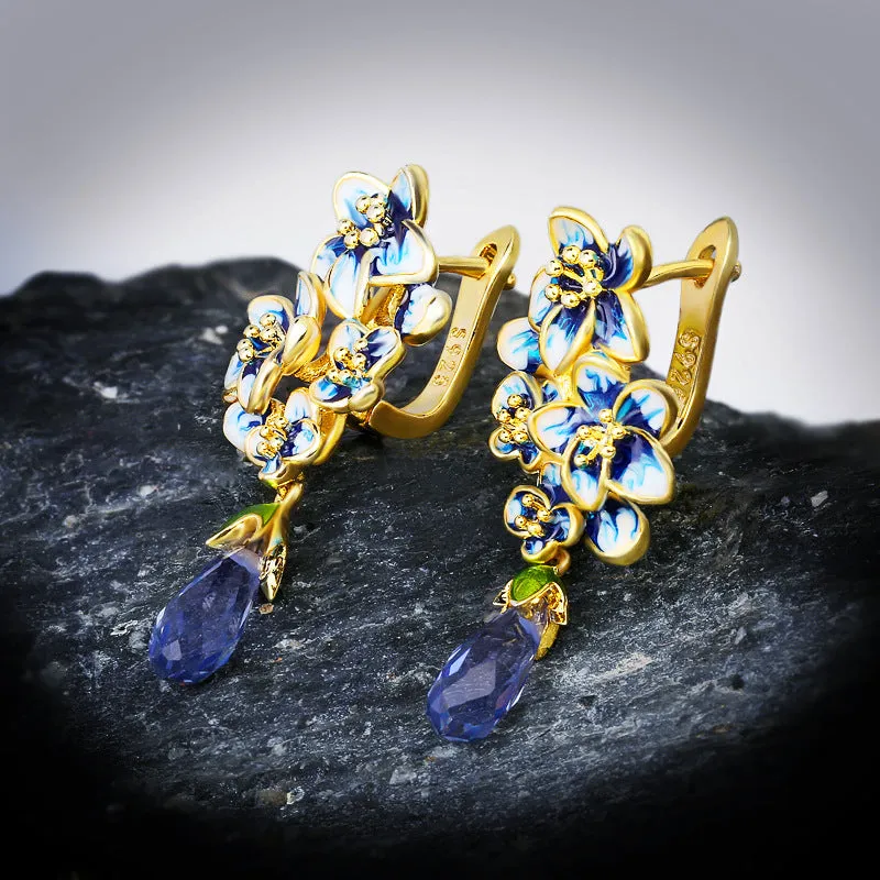 Water Drop Gem Flower Pastoral Style Sapphire Enamel Wedding Banquet Earrings Eardrops