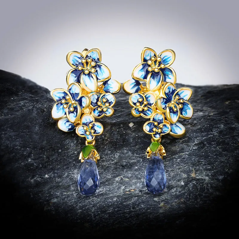 Water Drop Gem Flower Pastoral Style Sapphire Enamel Wedding Banquet Earrings Eardrops