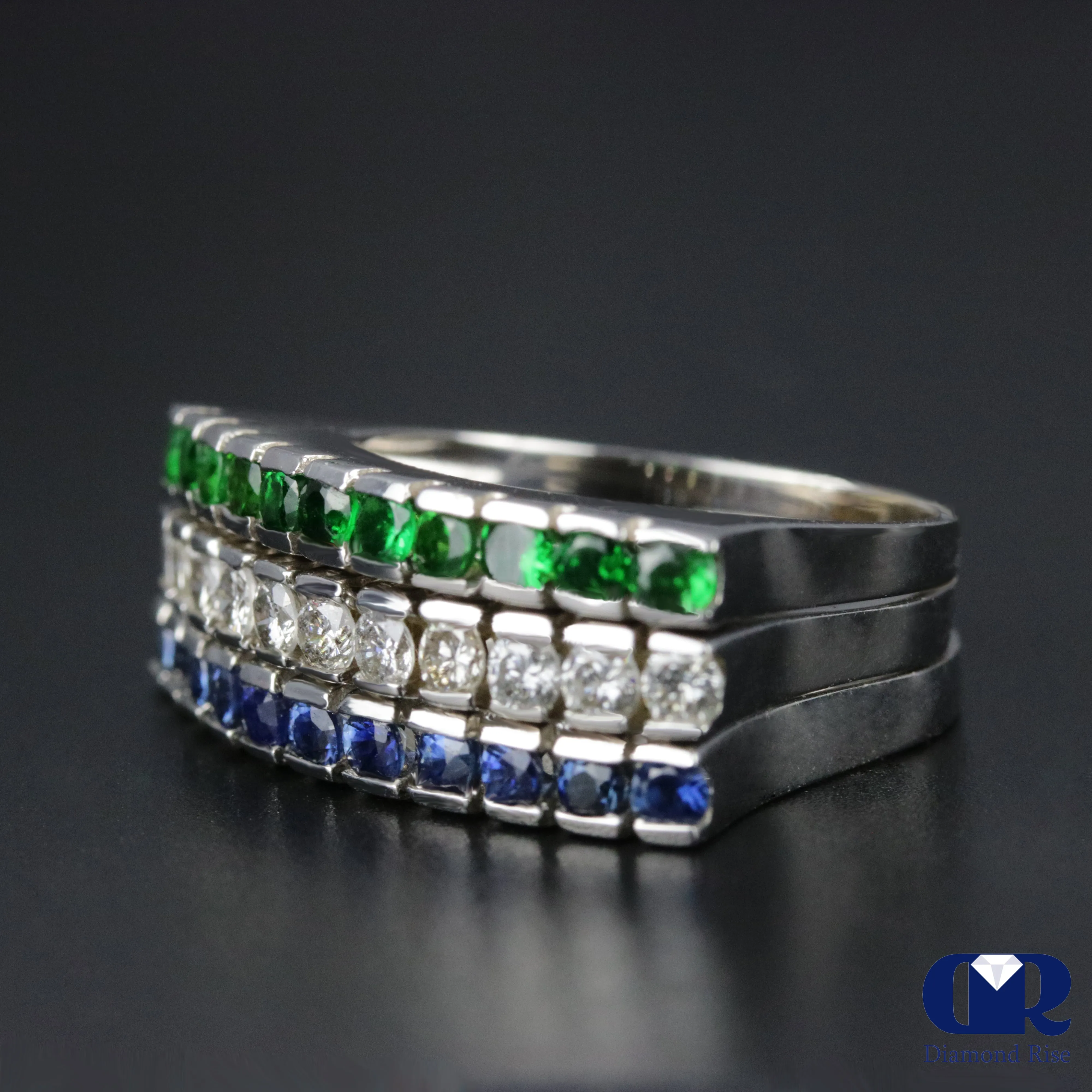 Women's Diamond Emerald & Sapphire Right Hand Ring & Cocktail Ring In 14K White Gold