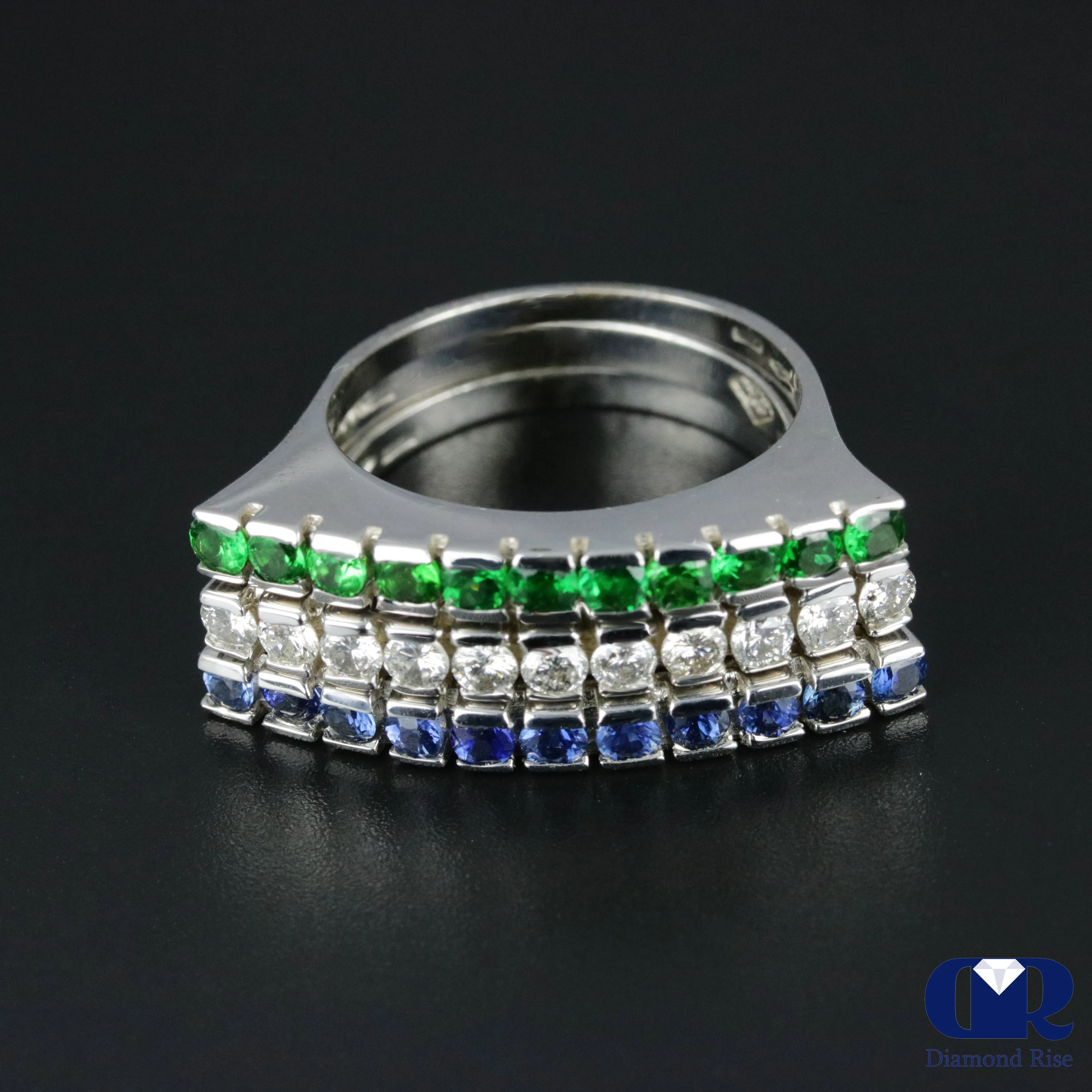 Women's Diamond Emerald & Sapphire Right Hand Ring & Cocktail Ring In 14K White Gold