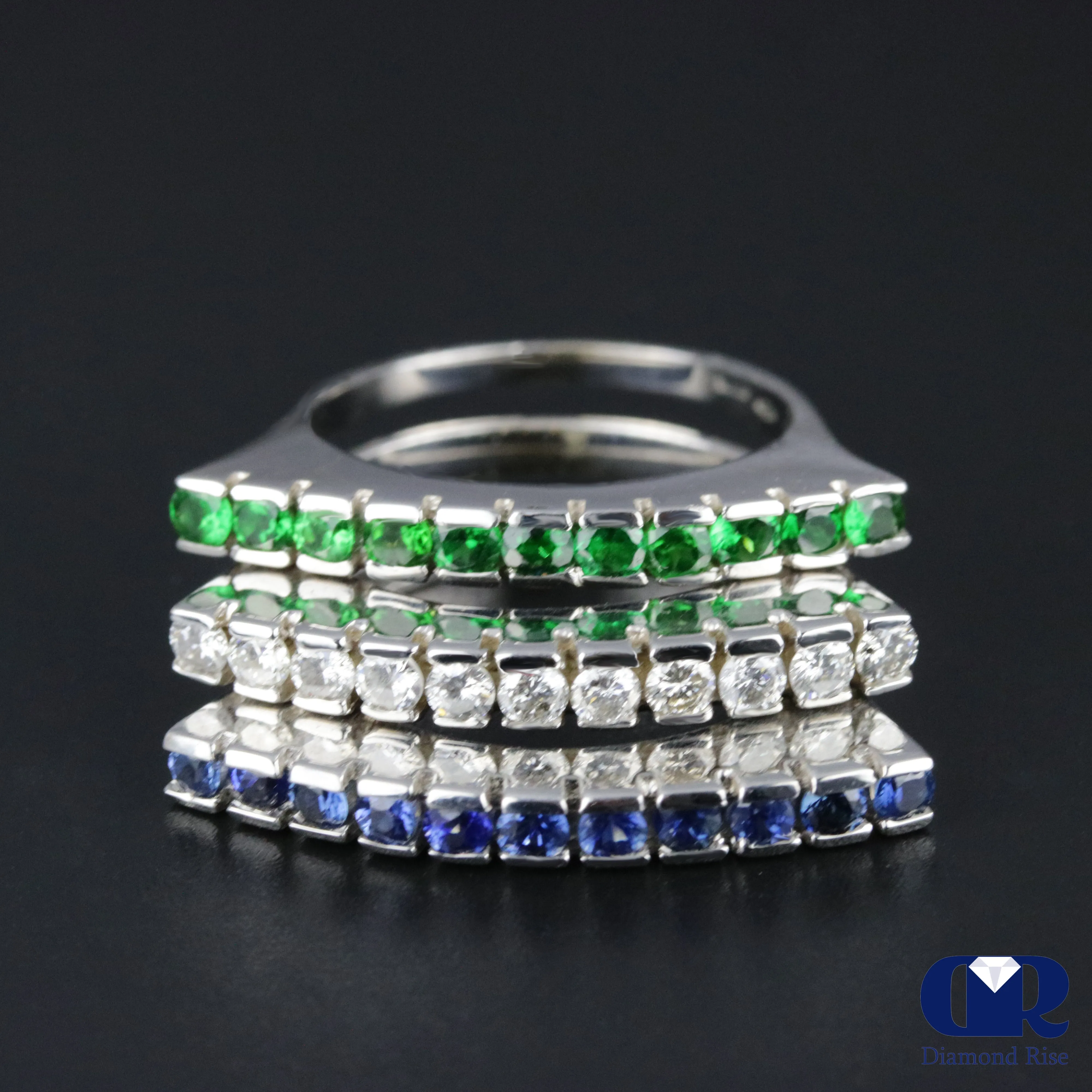 Women's Diamond Emerald & Sapphire Right Hand Ring & Cocktail Ring In 14K White Gold