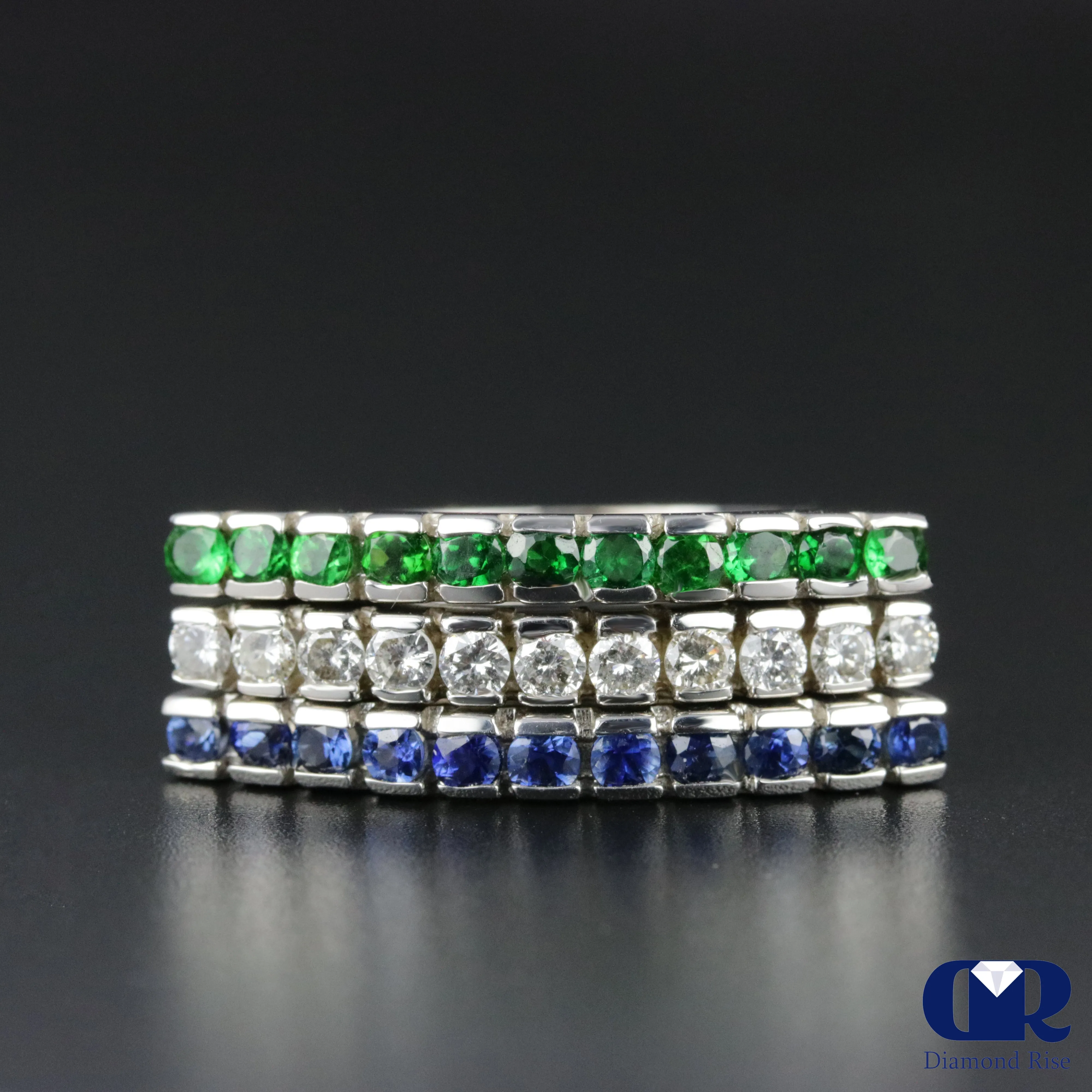 Women's Diamond Emerald & Sapphire Right Hand Ring & Cocktail Ring In 14K White Gold