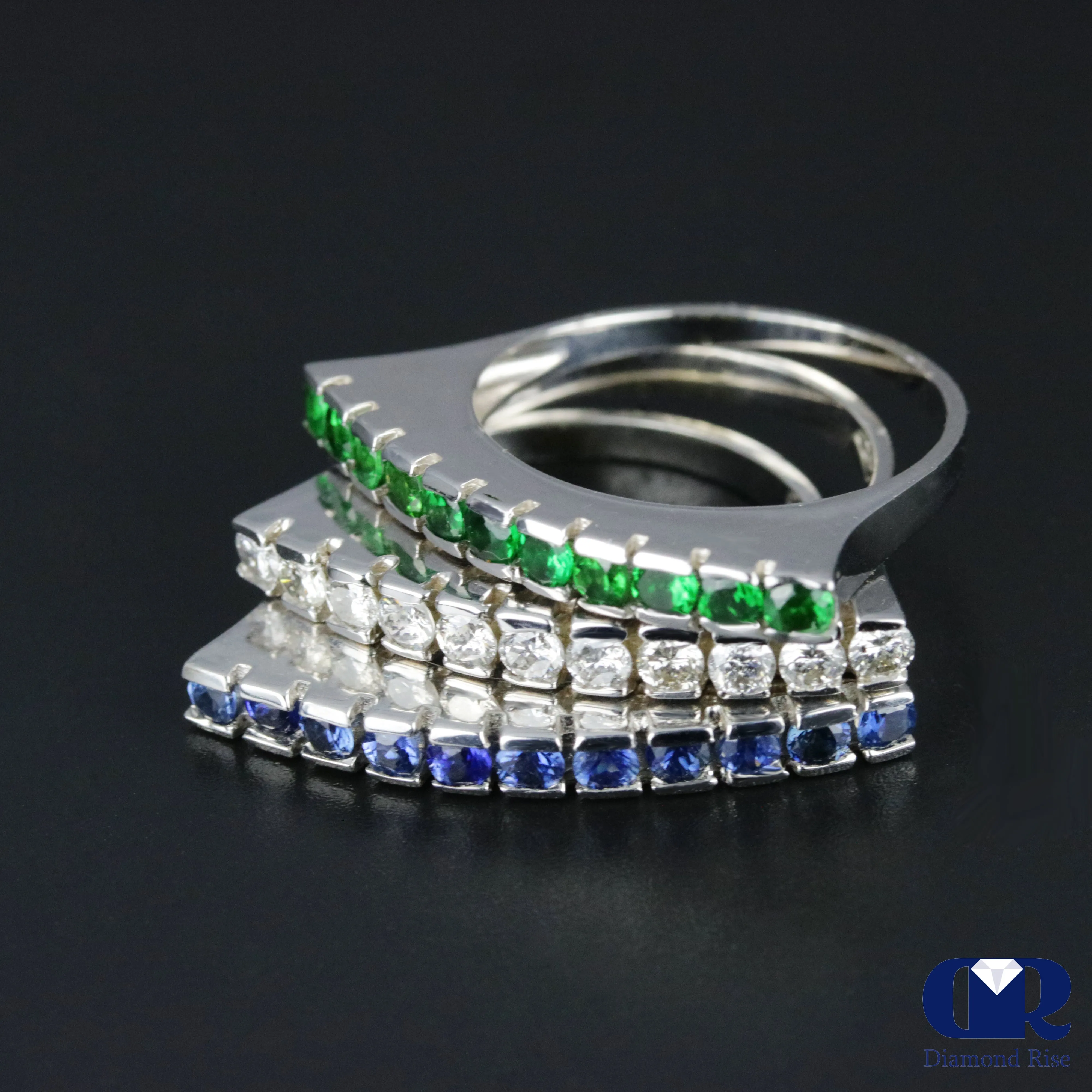 Women's Diamond Emerald & Sapphire Right Hand Ring & Cocktail Ring In 14K White Gold