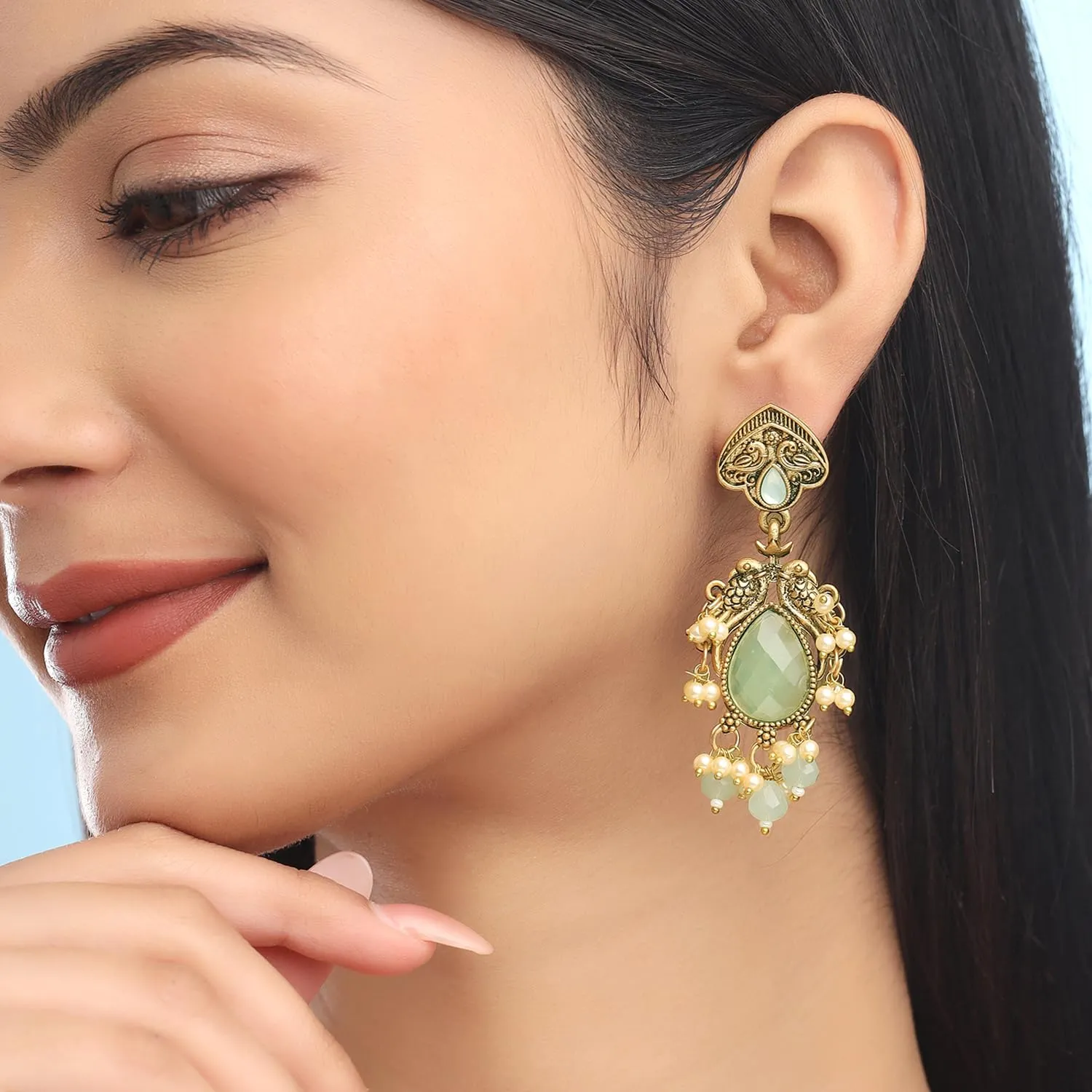 Yellow Chimes Earrings for Women and Girls I Traditional Drop Earrings for Women I Oxidised Gold Plated Green Stone Studded Earrings I Birthday Gift for Girls & Women Anniversary Gift for Wife