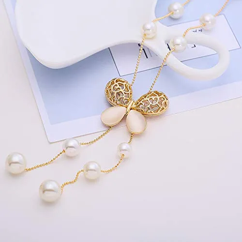 Yellow Chimes Golden Butterfly Opal and Pearl Long Chain Pendant Necklace for Women and Girls