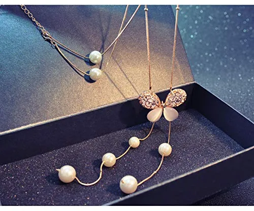 Yellow Chimes Golden Butterfly Opal and Pearl Long Chain Pendant Necklace for Women and Girls