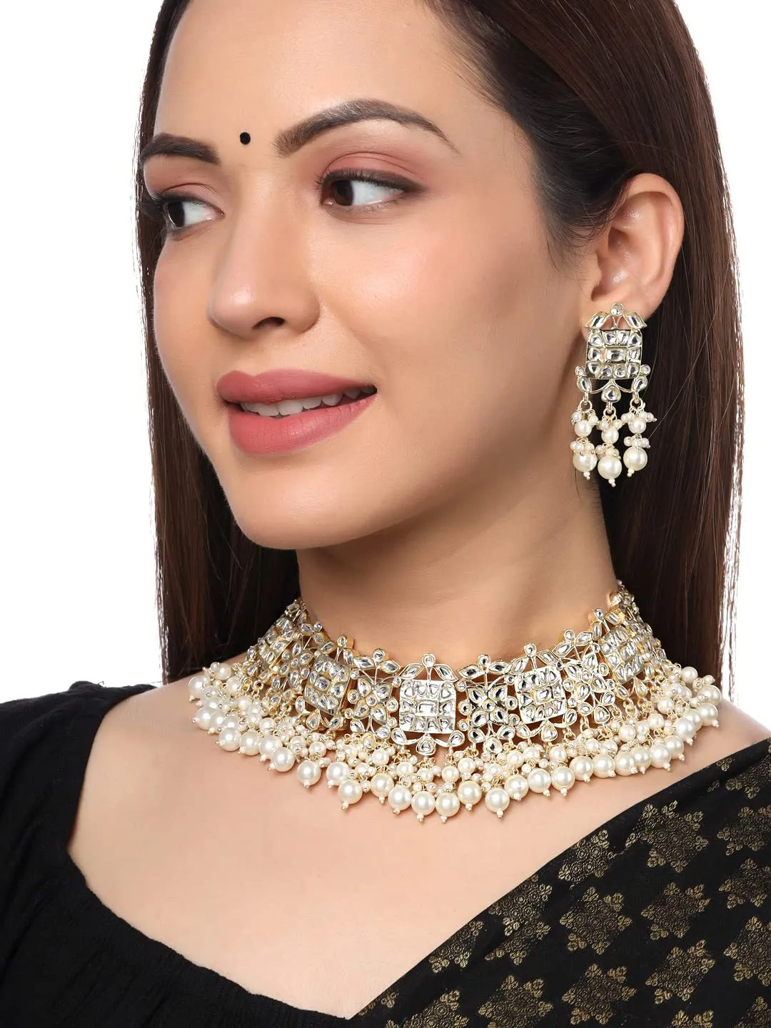 Yellow Chimes Jewellery Set for Women Gold Toned Kundan Studded Beads Drop Choker Necklace Set with Earrings for Women and Girls