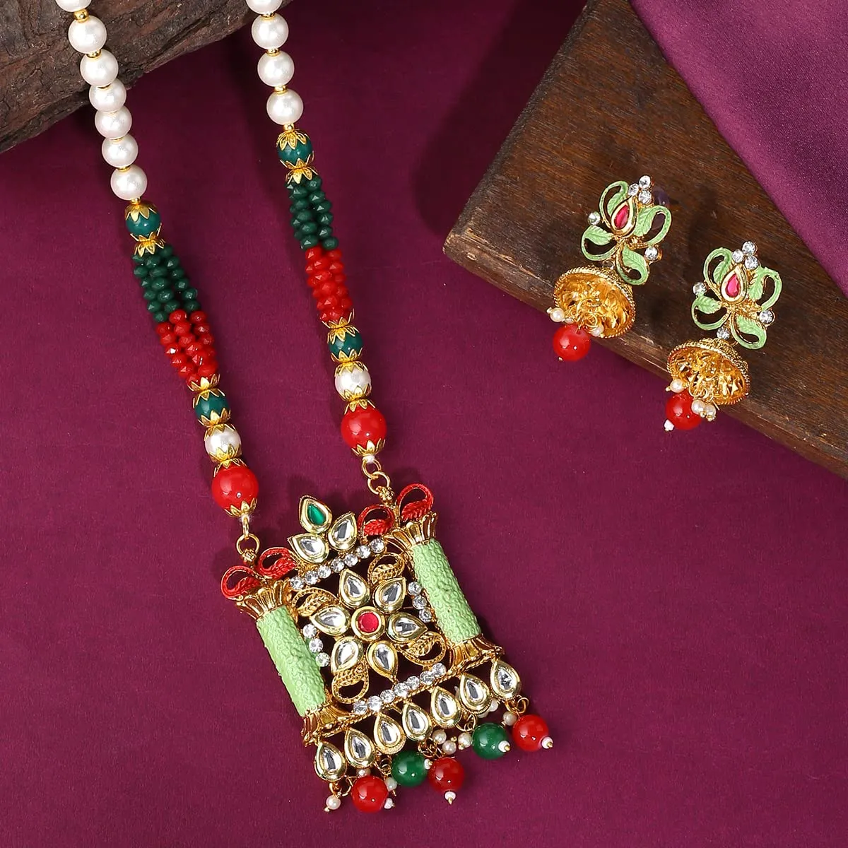 Yellow Chimes Jewellery Set For Women Long Kundan Beaded Charm Attached Necklace Set With Earrings For Women and Girls