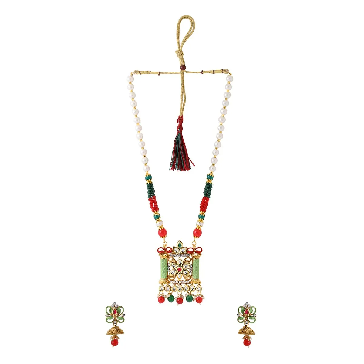 Yellow Chimes Jewellery Set For Women Long Kundan Beaded Charm Attached Necklace Set With Earrings For Women and Girls