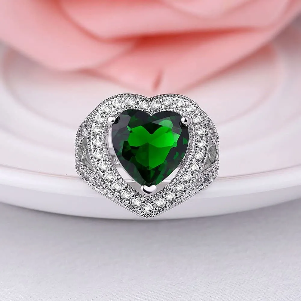 Yellow Chimes Rings for Women Green Emerald Crystal Heart Adjustable Ring Cocktail Style Platinum Plated Ring for Women and Girls.